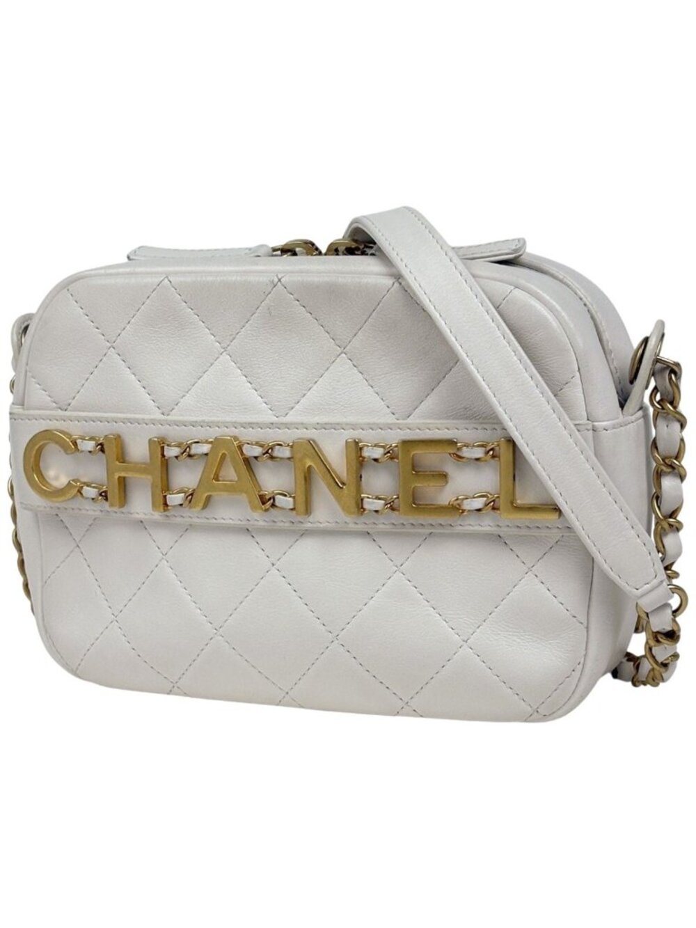 Chanel Logo Chain Shoulder Bag Quilted Leather White